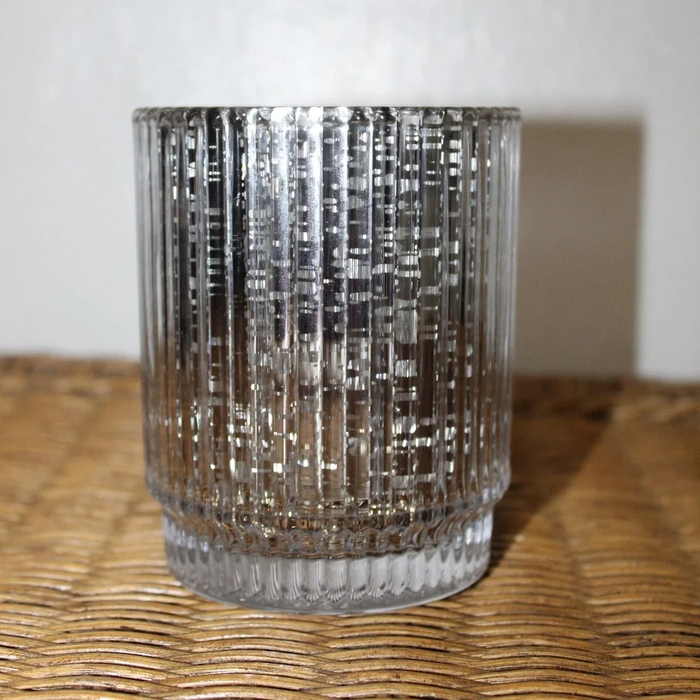Crate & Barrel Atwell Silver Mercury Glass Hurricane Candle Holder.